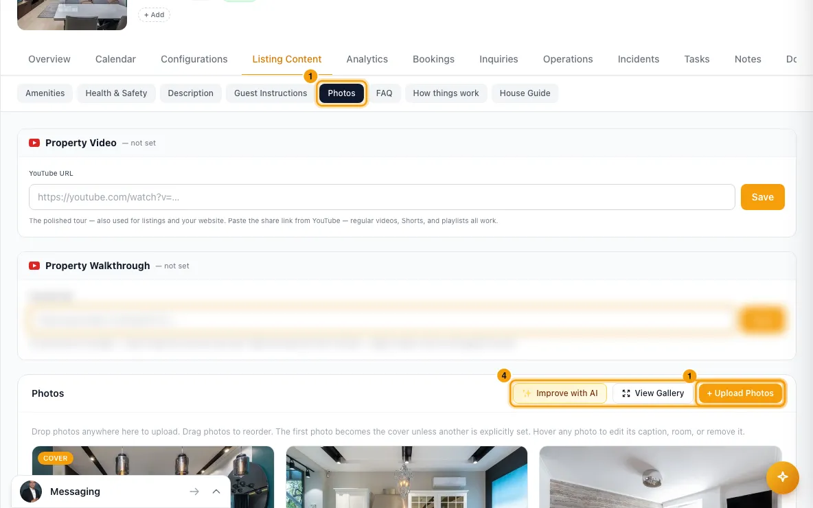 Write a property's listing content (amenities, description, photos): steps 1 and 4 in Rentibly, with Photos, + Upload Photos, Improve with AI marked.